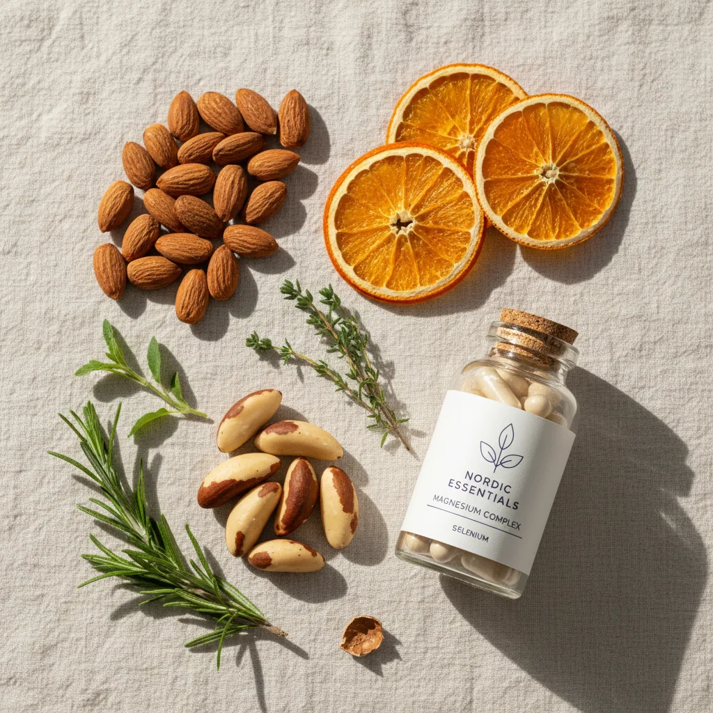Naturliga ingredienser för Vitamin C och Selen för mäns hälsa - apelsin, mandlar, paranötter och örter